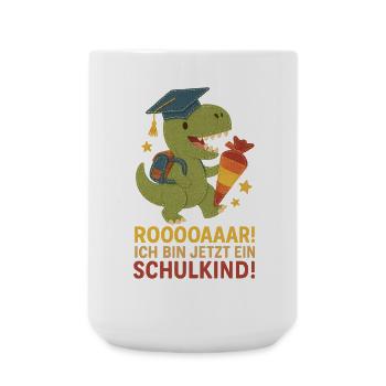 Dino Schulkind T-Rex | Einschulung Filz Stoff Look - Große Tasse 440 ml - Weiß - Vorne