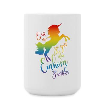Einhorn satteln Spruch Regenbogen Silhouette bunt - Große Tasse 440 ml - Weiß - Vorne