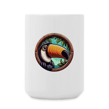 Cartoon toucan looking through round window - Large Mug 440 ml - white - Front