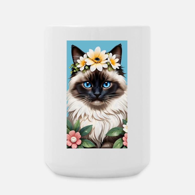 Naturschönheit Birma Seal Point mit Blumenkranz - Große Tasse 440 ml - Weiß