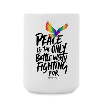 Feurige Regenbogentaube mit Friedenstext - Große Tasse 440 ml - Weiß - Vorne