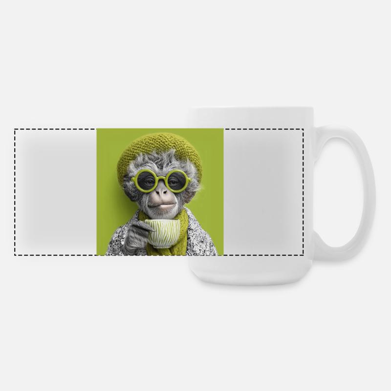 Stylish monkey with sunglasses and coffee cup - Large Panoramic Mug 440 ml - white