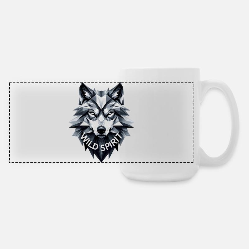Geometric wolf with "Wild Spirit" slogan - Large Panoramic Mug 440 ml - white
