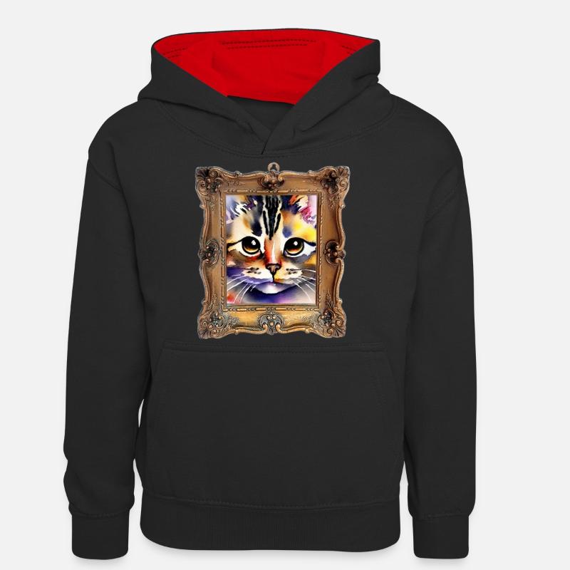 Visage de chat 5 - Sweat à capuche contrasté Ado - noir/rouge