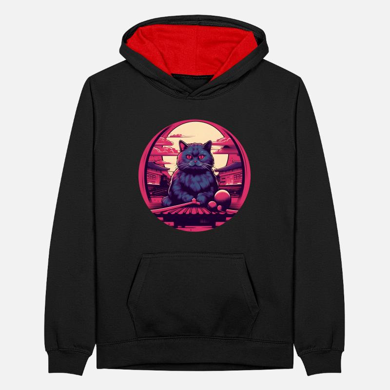 Synthwave japan Cat Teenager Contrast Hoodie