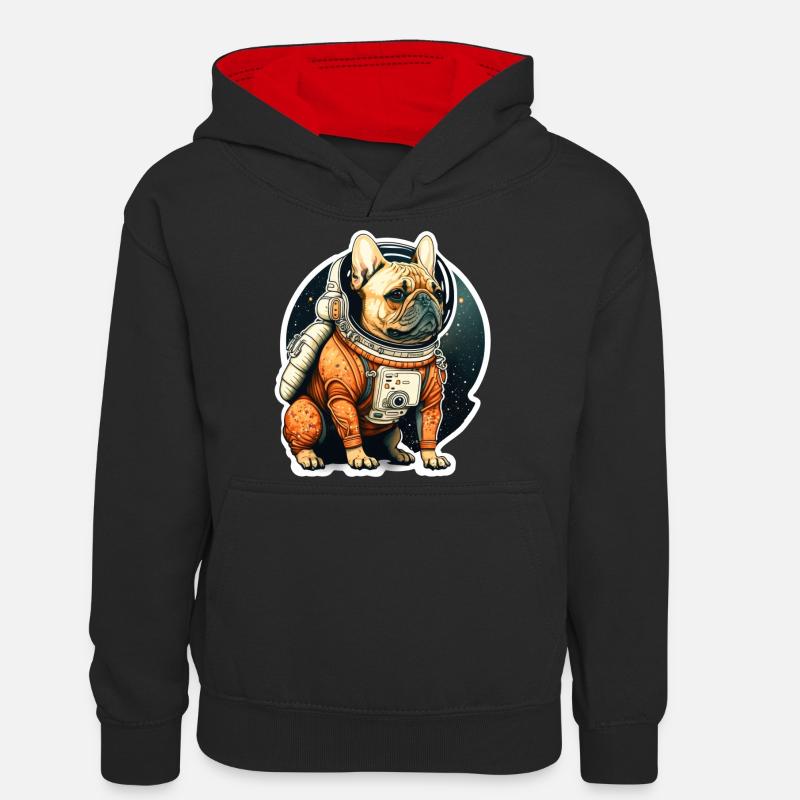 Français bouledogue dans l’espace, drôles de chiens! - Sweat à capuche contrasté Ado - noir/rouge