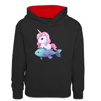 La licorne monte sur le poisson - Sweat à capuche contrasté Ado - noir/rouge - Devant