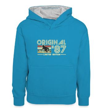 1987 - Teenager Kontrast-Hoodie - Pfauenblau/Grau meliert - Vorne