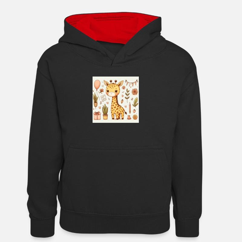 Anniversaire de girafe - Sweat à capuche contrasté Ado - noir/rouge