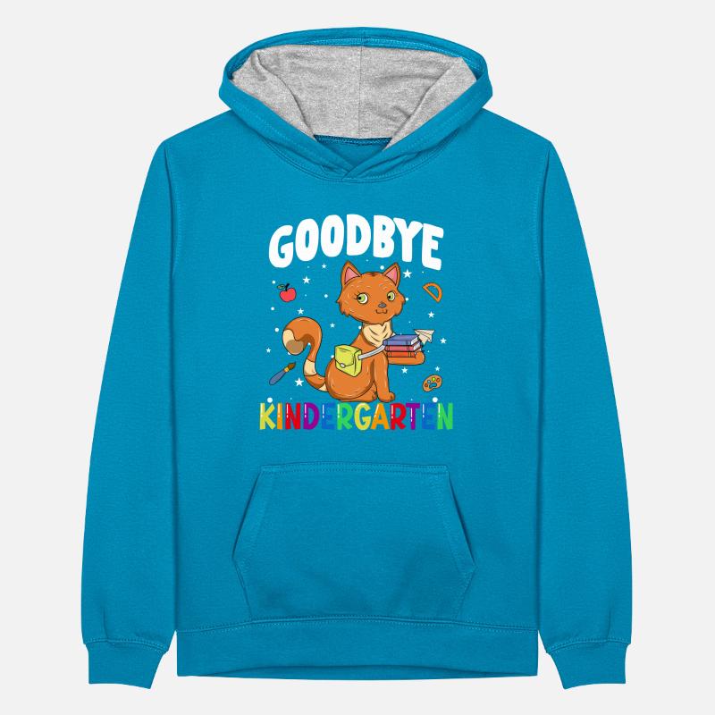 Goodbye Kindergarten Katze Einschulung Schule Teenager Kontrast-Hoodie