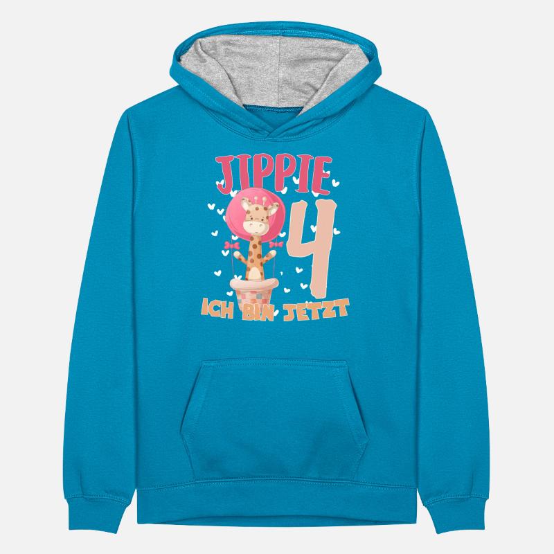 Jippie ich bin jetzt 4 Giraffe 4. Geburtstag Teenager Kontrast-Hoodie
