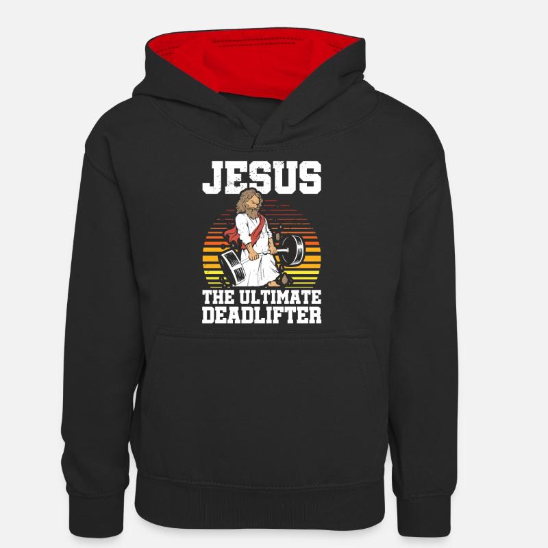 Jesus The Ultimate Deadlifter Gym - Sweat à capuche contrasté Ado - noir/rouge