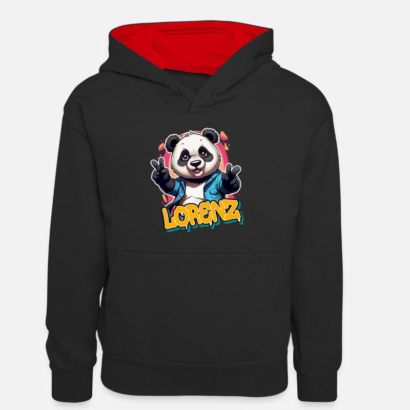 LORENZ - Beau prénom de garçon avec un panda cool - Sweat à capuche contrasté Ado - noir/rouge