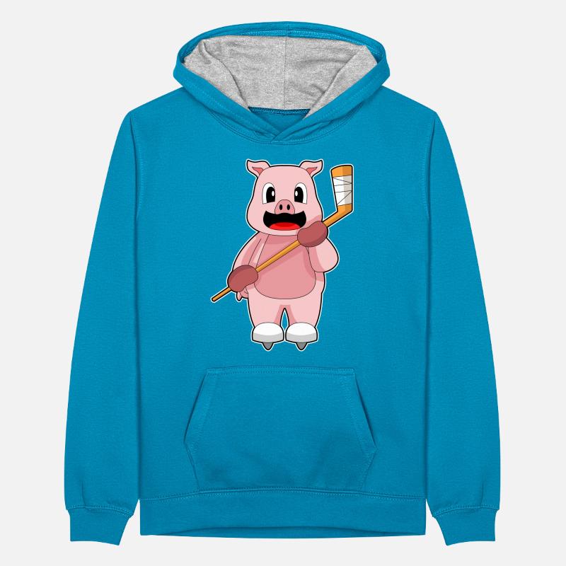 Schwein Eishockey Eishockeyschläger Teenager Kontrast-Hoodie