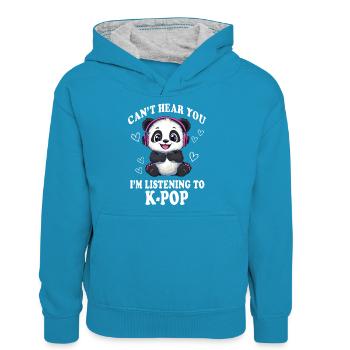 Mignon Panda K-Pop Kpop Corée Musique - Sweat à capuche contrasté Ado - bleu paon/gris chiné - Devant