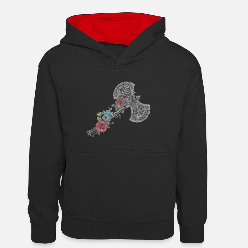 Vikings celtiques avec fleurs Double Axe Design - Sweat à capuche contrasté Ado - noir/rouge