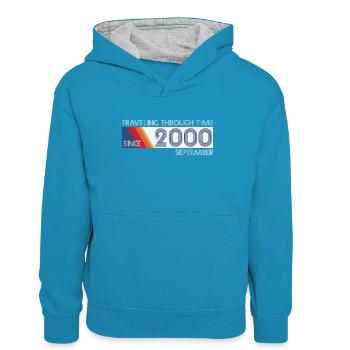Drôle de voyage dans le temps anniversaire Design septembre 2000 - Sweat à capuche contrasté Ado - bleu paon/gris chiné - Devant