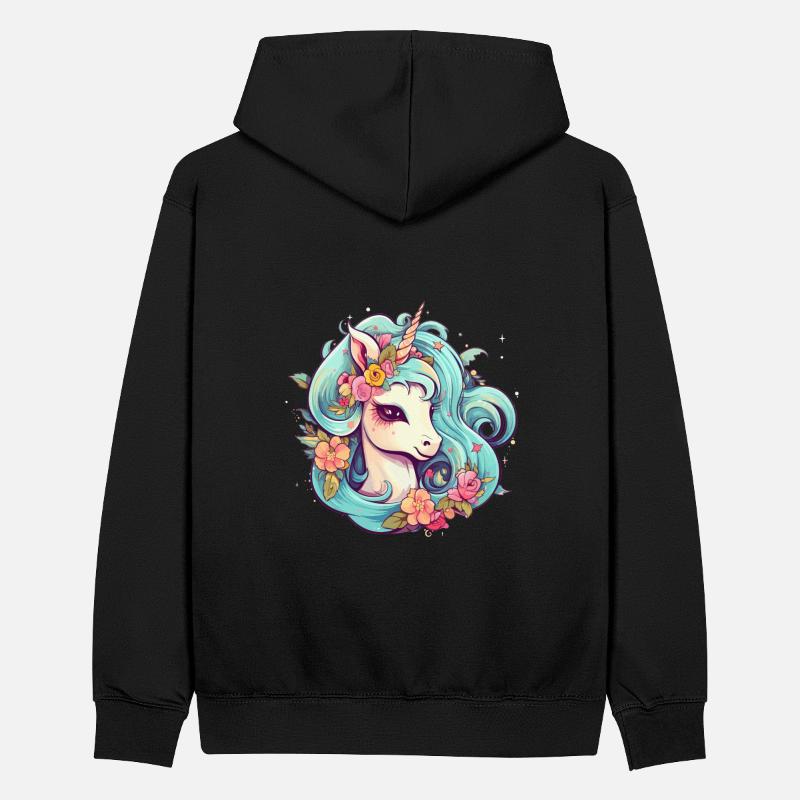 Comic Einhorn mit Blumen im Haar Teenager Kontrast-Hoodie