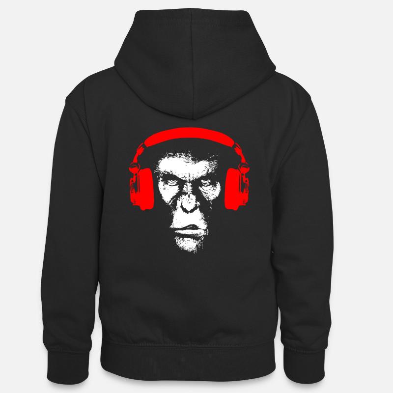 Gorilla avec un casque - Monkey Music Basse-cadeau - Sweat à capuche contrasté Ado - noir/rouge