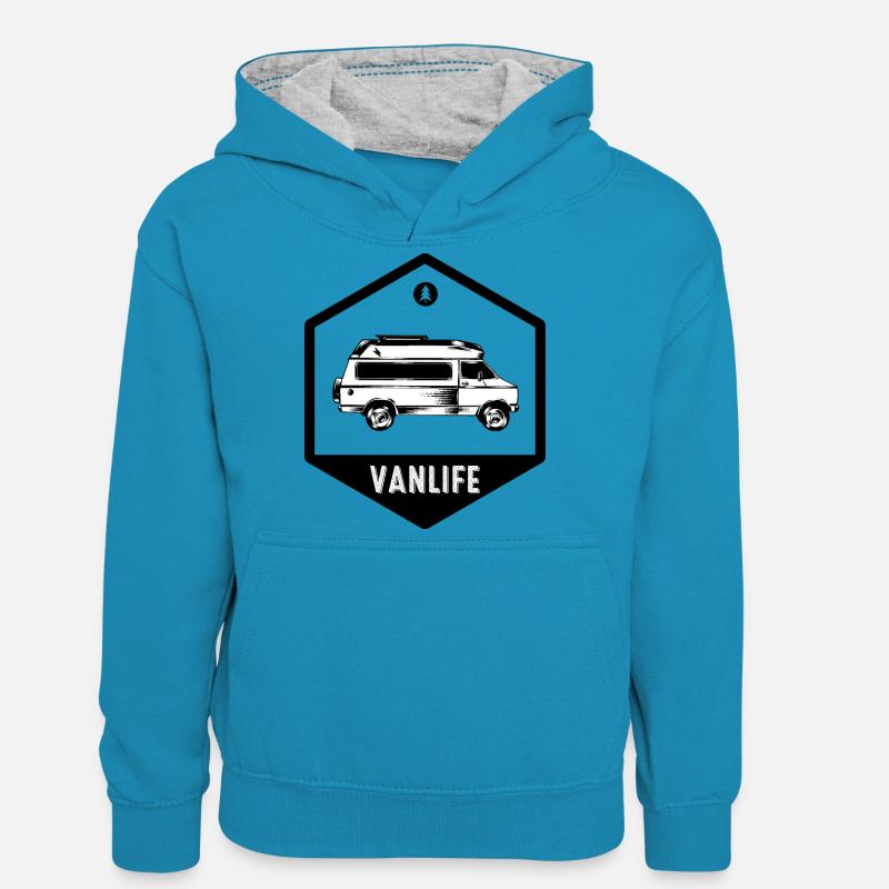 Van life - Camping - Van - Sweat à capuche contrasté Ado - bleu paon/gris chiné