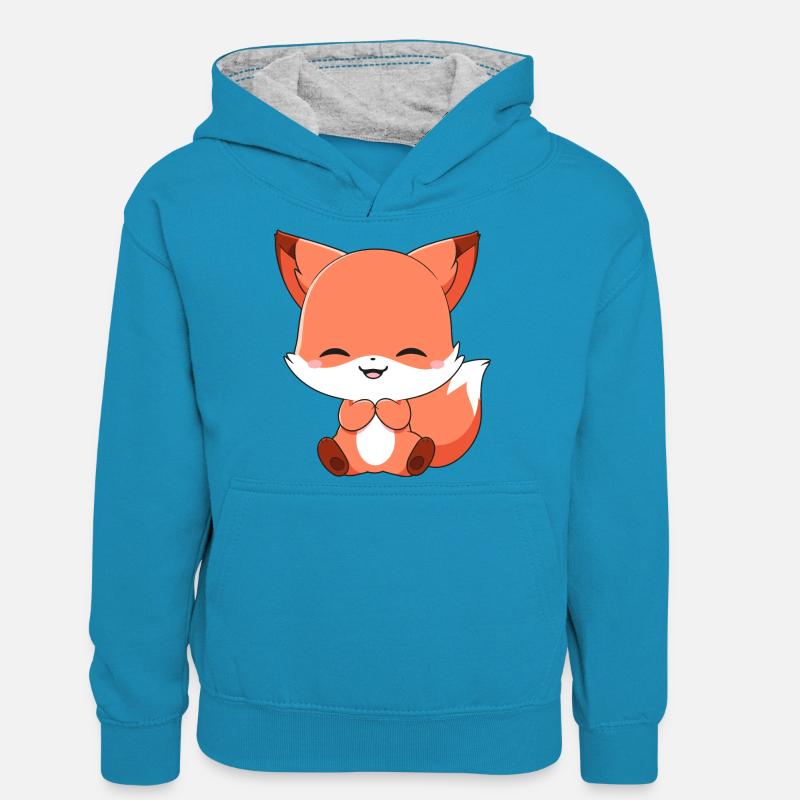 Super mignon Fox préféré - Sweat à capuche contrasté Ado - bleu paon/gris chiné