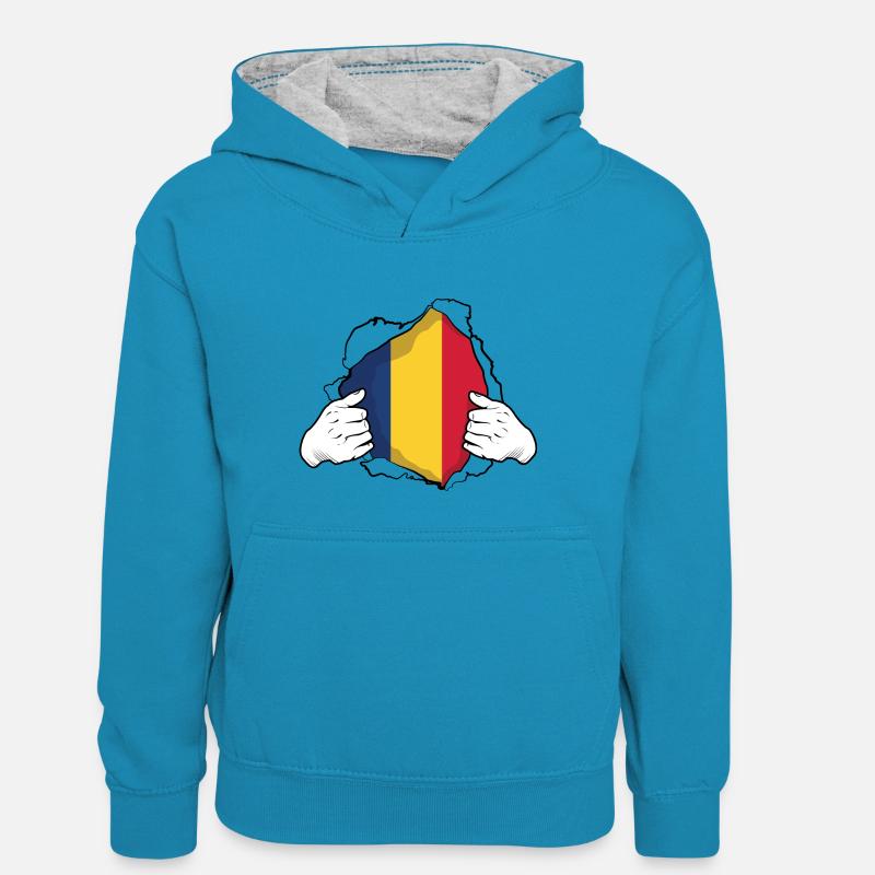 Drapeau de la Roumanie Idée de cadeau roumain roumain Cool - Sweat à capuche contrasté Ado - bleu paon/gris chiné