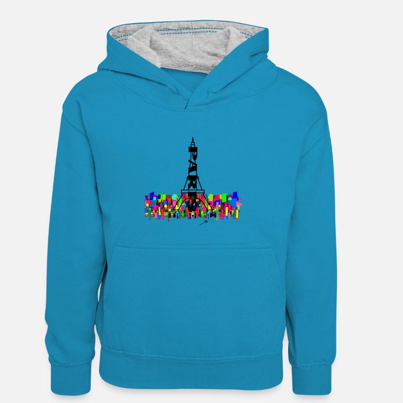 Art Eiffel Paris - Sweat à capuche contrasté Ado - bleu paon/gris chiné