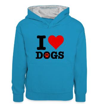 I LOVE DOGS - Sweat à capuche contrasté Ado - bleu paon/gris chiné - Devant
