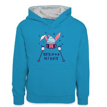 This is my Ski Suit Skiing Rabbit with ski poles - Teenager Contrast Hoodie - peacock blue/heather grey - Front