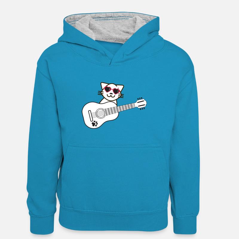 Cool Cute Kitty Cat Guitar - Musicien de chat - Sweat à capuche contrasté Ado - bleu paon/gris chiné