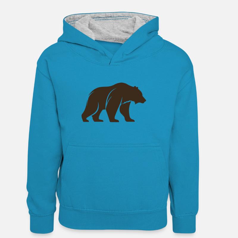 Ours brun - Sweat à capuche contrasté Ado - bleu paon/gris chiné