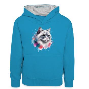 Aquarell Katzenkopf - Teenager Kontrast-Hoodie - Pfauenblau/Grau meliert - Vorne