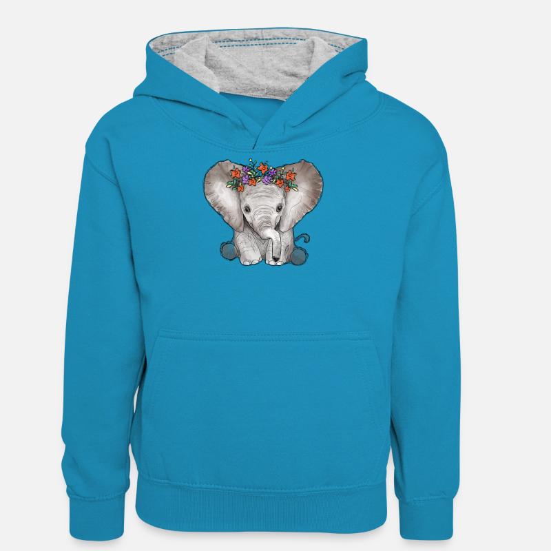 Éléphant de chéri - Sweat à capuche contrasté Ado - bleu paon/gris chiné
