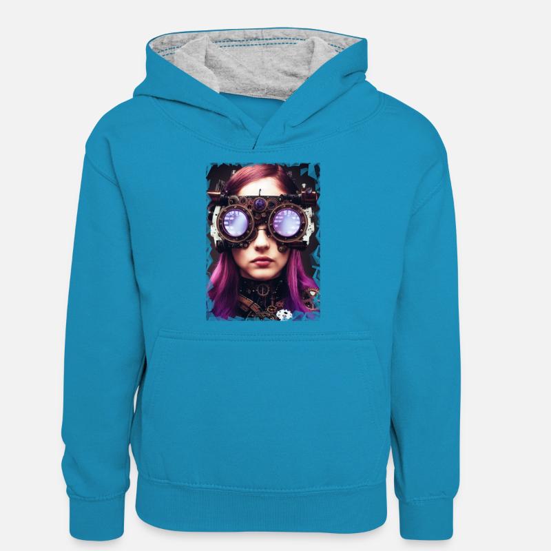 Monde Steampunk - Sweat à capuche contrasté Ado - bleu paon/gris chiné