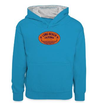 Vintage Long Beach Californie - Sweat à capuche contrasté Ado - bleu paon/gris chiné - Devant