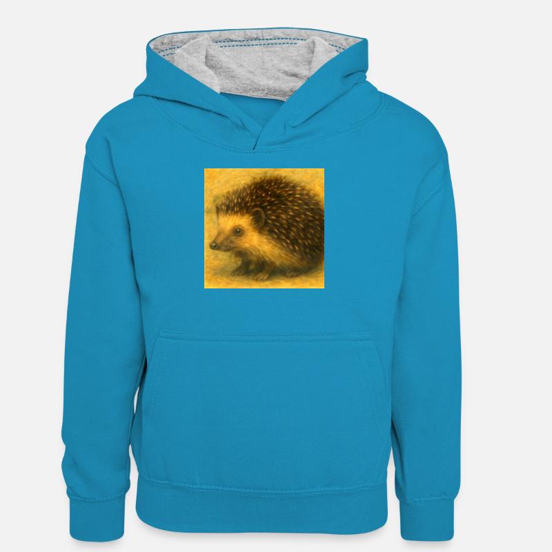Hérisson doré à l’aquarelle - Sweat à capuche contrasté Ado - bleu paon/gris chiné