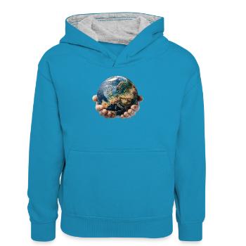 La Terre entre les mains : Responsabilité mondiale - Sweat à capuche contrasté Ado - bleu paon/gris chiné - Devant