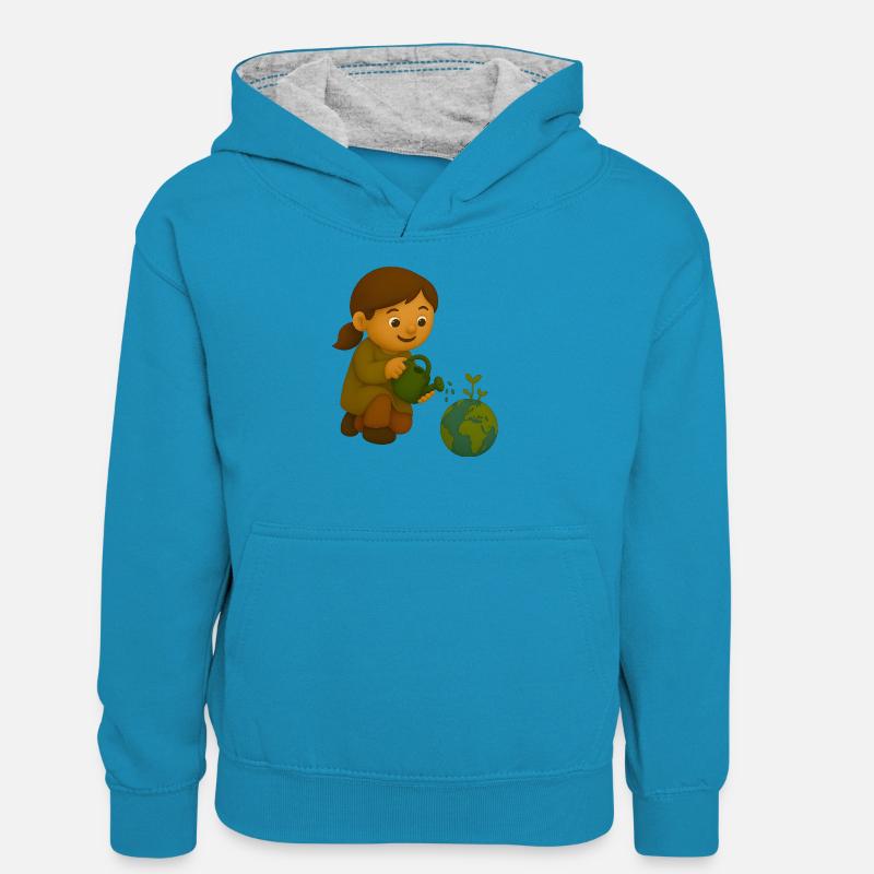 Petit écologiste qui verse le globe - Sweat à capuche contrasté Ado - bleu paon/gris chiné