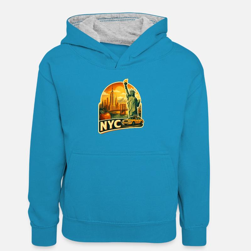 Autocollant rétro de la skyline de New York - Sweat à capuche contrasté Ado - bleu paon/gris chiné