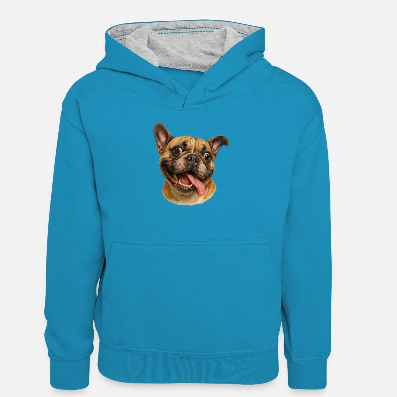 Tête de chien joyeuse avec langue - Sweat à capuche contrasté Ado - bleu paon/gris chiné