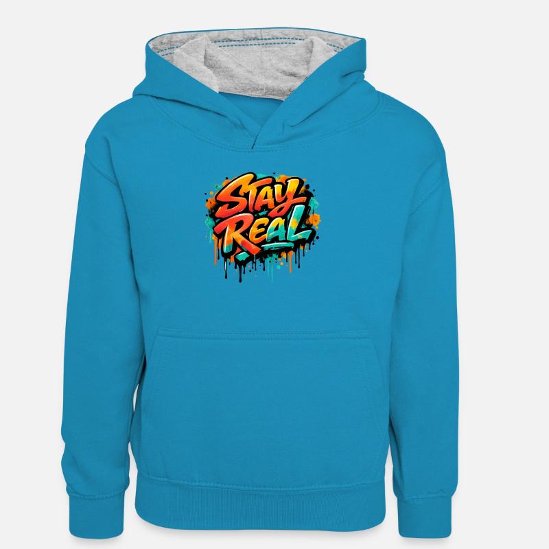 Stay_Real - Sweat à capuche contrasté Ado - bleu paon/gris chiné