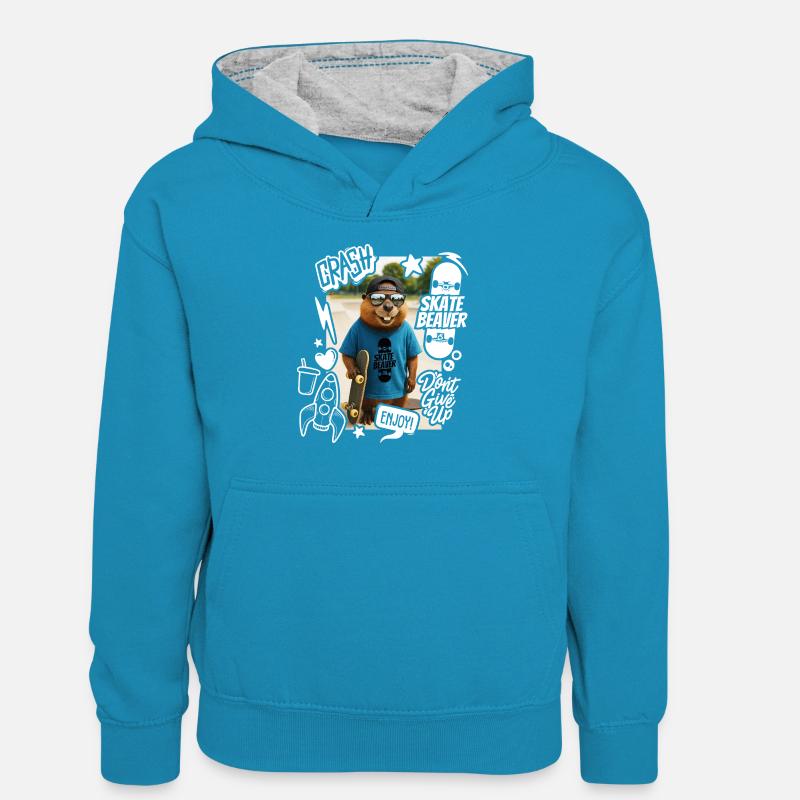 Patin Castor - Sweat à capuche contrasté Ado - bleu paon/gris chiné
