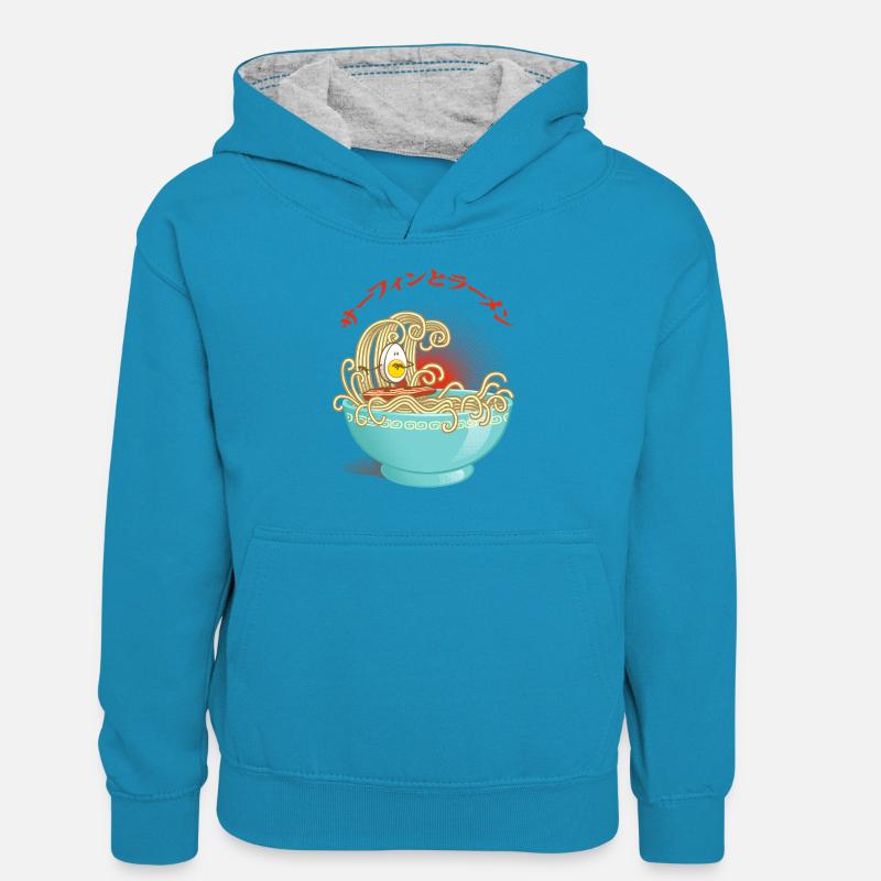 Surf et ramen - Sweat à capuche contrasté Ado - bleu paon/gris chiné