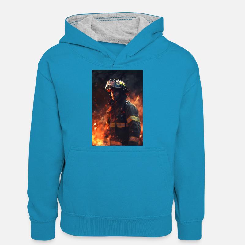 Pompier Incendie - Sweat à capuche contrasté Ado - bleu paon/gris chiné