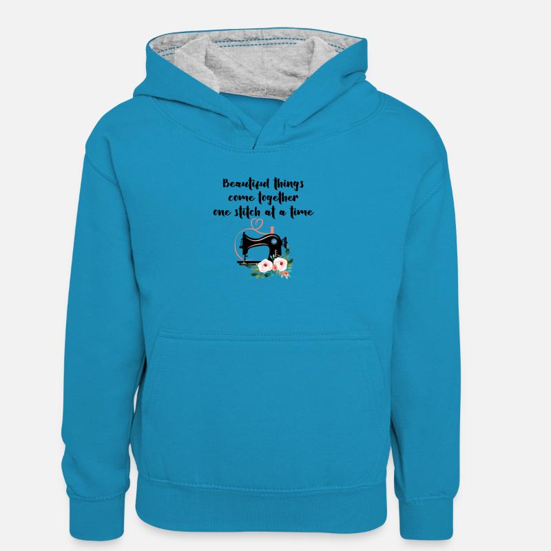 De belles choses s’assemblent un point à la fois - Sweat à capuche contrasté Ado - bleu paon/gris chiné