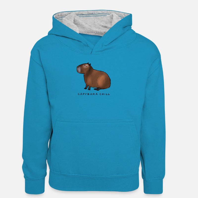 Capybara Chill - Sweat à capuche contrasté Ado - bleu paon/gris chiné