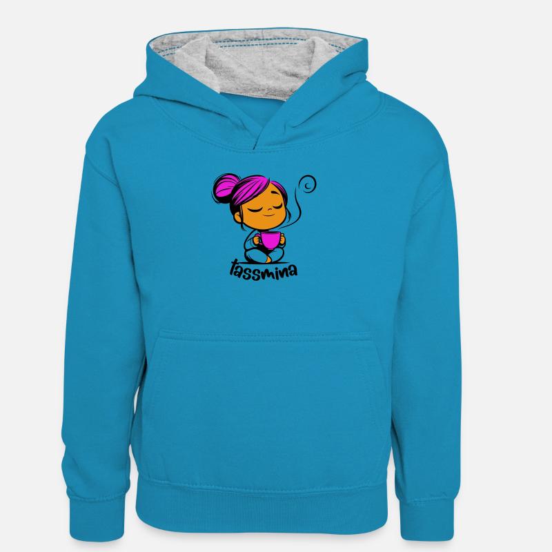 Tassmina enspannt mit einer Tasse Tee oder Kaffee - Teenager Kontrast-Hoodie - Pfauenblau/Grau meliert