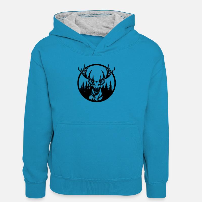 Cerfs dans les bois - Sweat à capuche contrasté Ado - bleu paon/gris chiné
