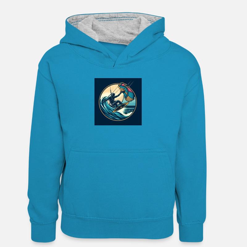 kitesurf - Sweat à capuche contrasté Ado - bleu paon/gris chiné