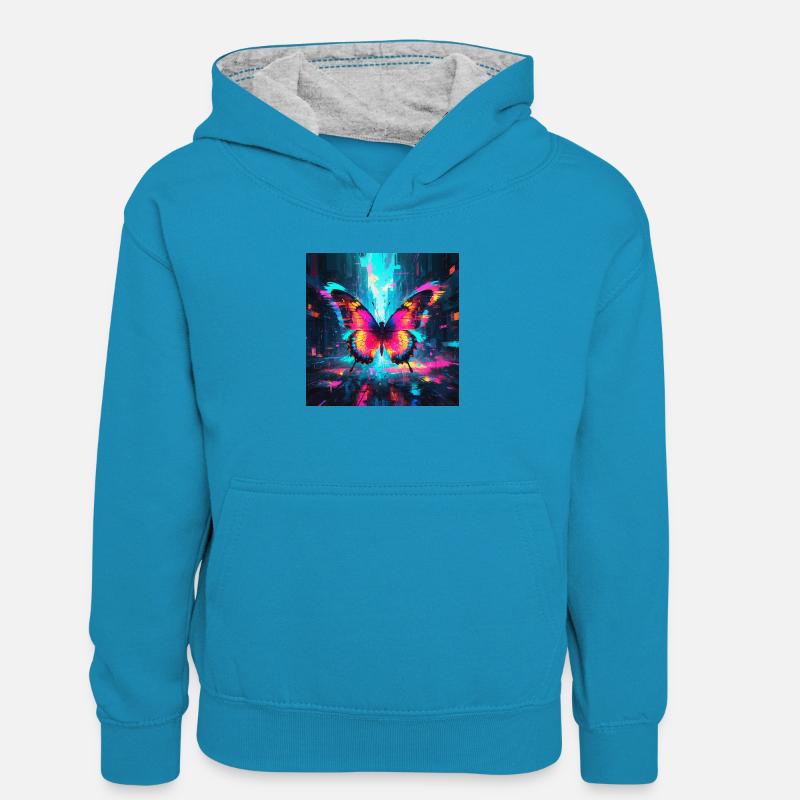 Papillon Néon - Sweat à capuche contrasté Ado - bleu paon/gris chiné